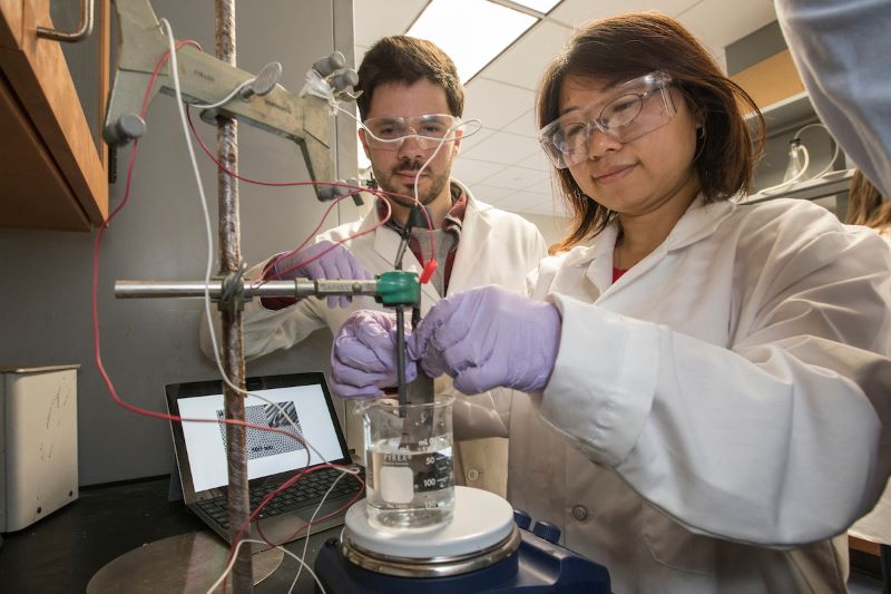Professor Lei Kerr works with a student in the lab.