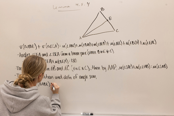 Person writing on a whiteboard showing a hand-drawn triangle labeled A, B, C with interior points D and E, a lemma title at top, and algebraic geometry steps.