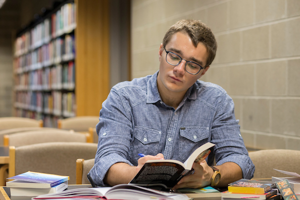 Honors student in the library doing literature research