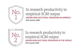 number 1 in research productivity in empirical scm output among non-doctoral programs in america and number 2 in research productivity in empirical scm output among non-doctoral programs in the world badges