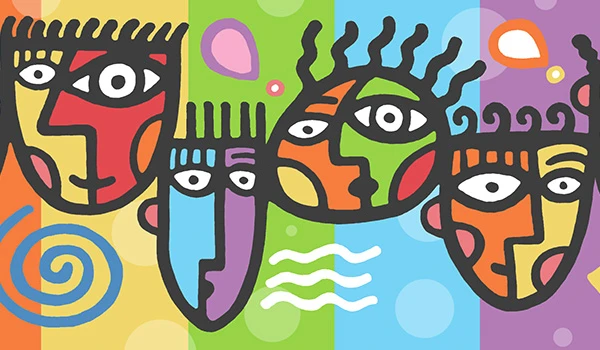 world global studies logo abstract painting of multiple faces using bright colors